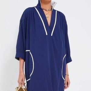 Pomander Place Navy Cotton Tunic Dress XL White Trim Pockets NWT